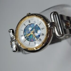 Vintage Fossil PC9589 Shattered Abalone Gold Silver Metal Band Watch EUC